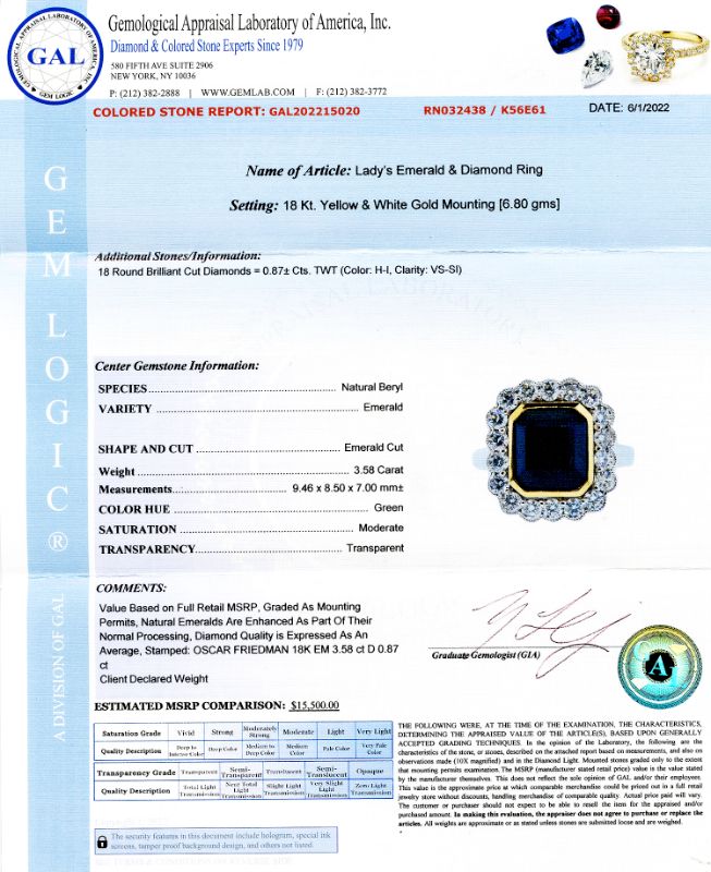Photo 1 of 3.58ct Emerald and 0.87ctw Diamond 18K Yellow and White Gold Ring Size 6 1/2 with Appraisal RN032438

