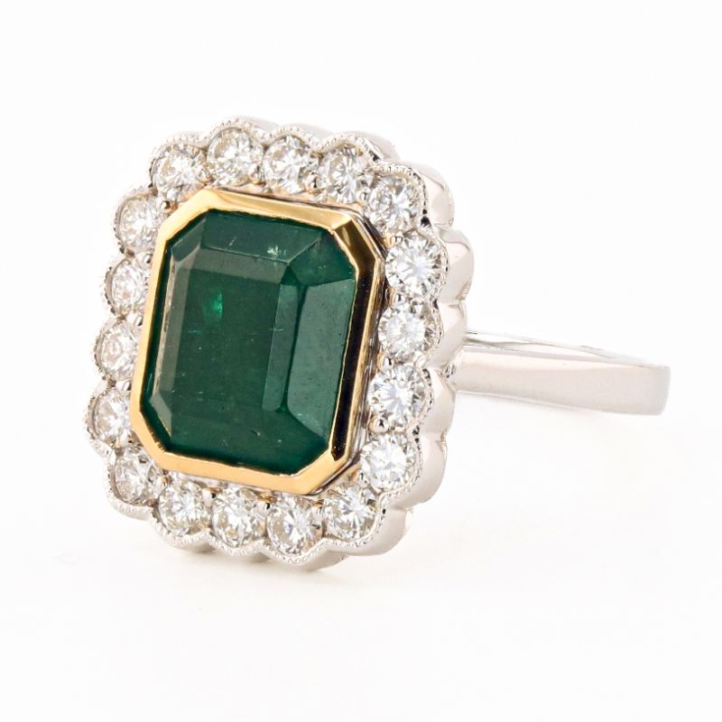Photo 1 of 3.58ct Emerald and 0.87ctw Diamond 18K Yellow and White Gold Ring Size 6 1/2 with Appraisal RN032438