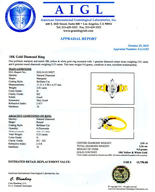 Photo 1 of 2.01ct SI2 CLARITY CENTER Diamond 18K Yellow and White Gold Ring Size 5 3/4 (2.26ctw Diamonds) EGL CERTIFIED with Appraisal RN019059

