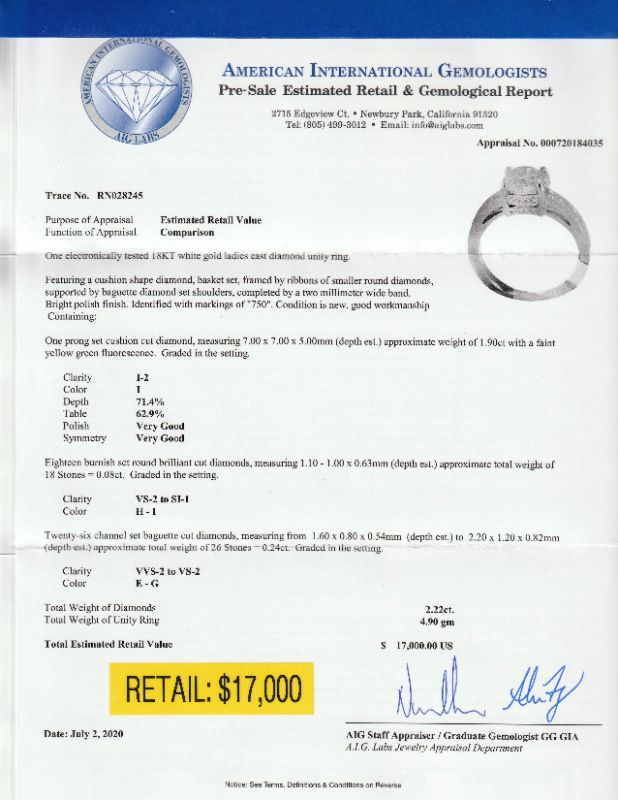Photo 1 of 1.90ct CENTER Diamond 18K White Gold Ring size 7 (2.22ctw Diamonds) with Appraisal RN028245

