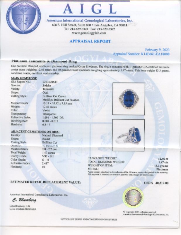 Photo 1 of 12.46ct Tanzanite and 1.47ctw Diamond Platinum Ring Size 6 3/4 (GIA CERTIFIED) with Appraisal RN033517

