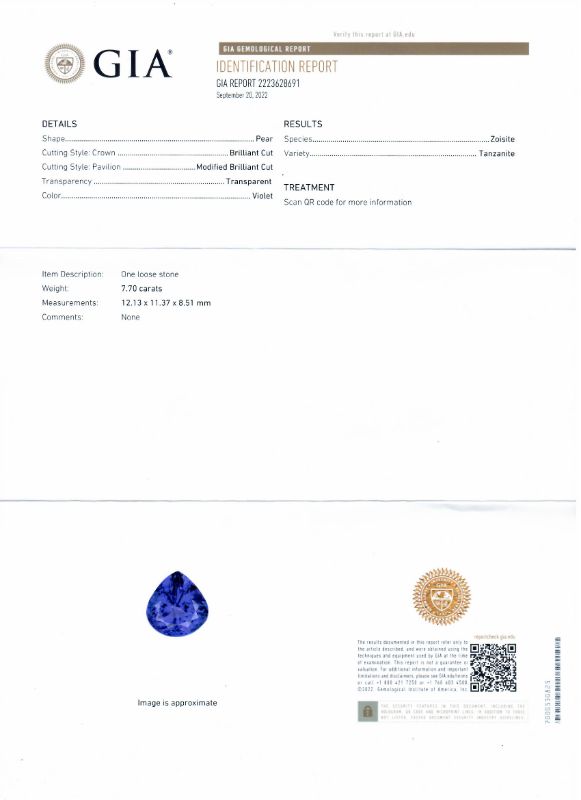 Photo 1 of 7.70ct Tanzanite and 1.34ctw Diamond Platinum Pendant (GIA CERTIFIED) with Appraisal NK015347

