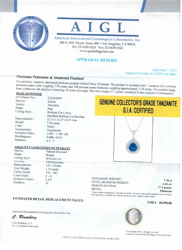 Photo 1 of 7.70ct Tanzanite and 1.34ctw Diamond Platinum Pendant (GIA CERTIFIED) with Appraisal NK015347

