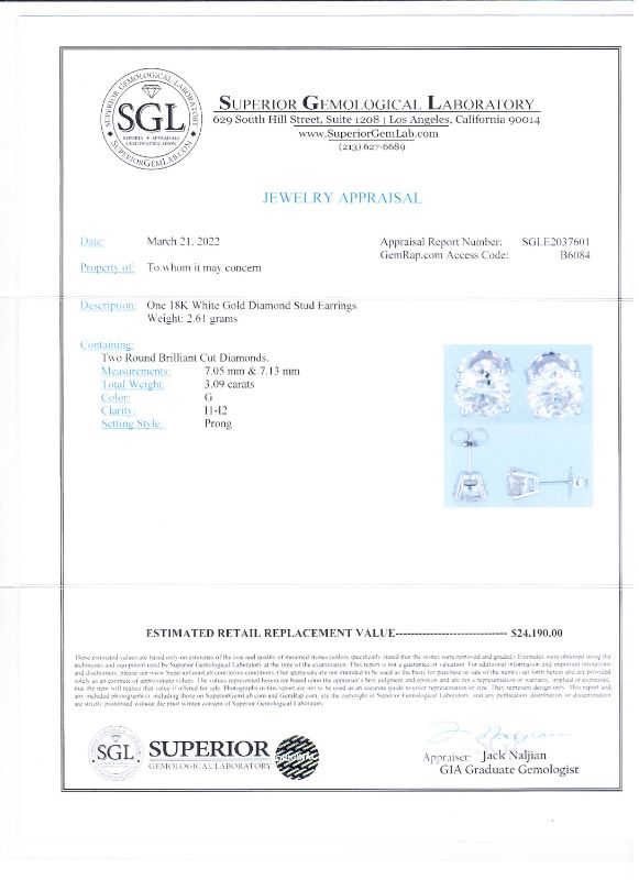 Photo 1 of 3.09ctw G COLOR I1 to I2 CLARITY Diamond 18K White Gold Stud Earrings with Appraisal ER006500