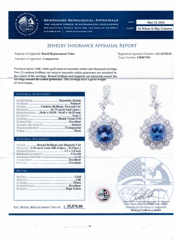 Photo 1 of 11.75ctw Tanzanite and 3.98ctw Diamond 14K White Gold Dangle Earrings with Appraisal ER007559

