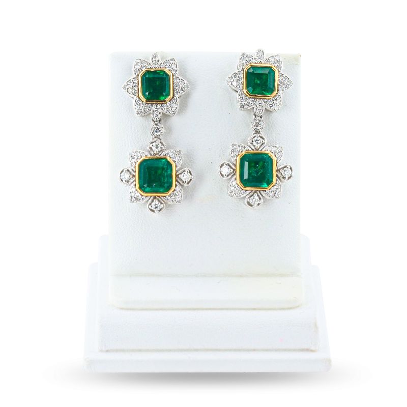 Photo 1 of 7.37ctw Emerald and 1.12ctw Diamond Platinum and 18K Yellow Gold Dangle Earrings with Appraisal ER007609

