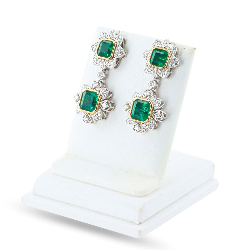 Photo 1 of 7.37ctw Emerald and 1.12ctw Diamond Platinum and 18K Yellow Gold Dangle Earrings with Appraisal ER007609

