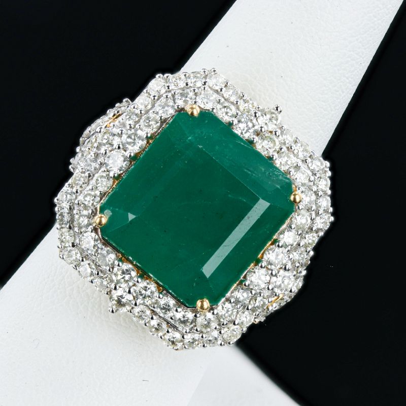 Photo 1 of 14.24ct Emerald and 2.38ctw Diamond 18K Yellow Gold Ring size 7 1/4 with Appraisal RN034877

