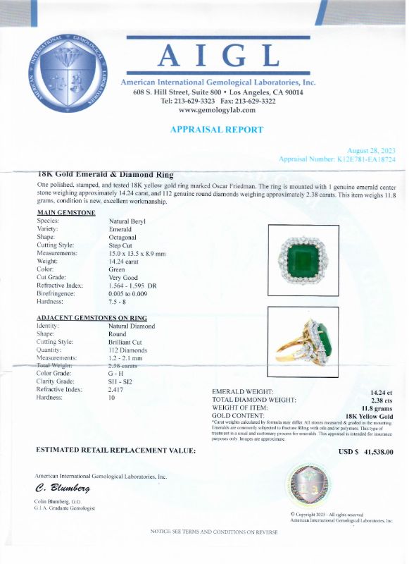 Photo 1 of 14.24ct Emerald and 2.38ctw Diamond 18K Yellow Gold Ring size 7 1/4 with Appraisal RN034877

