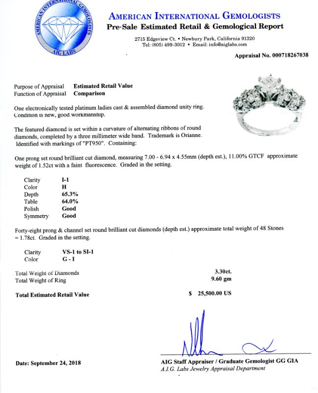Photo 1 of 1.52ct H COLOR I1 CLARITY CENTER Diamond Platinum Ring Size 7 1/4 (3.30ctw Diamonds) with Appraisal RN025587

