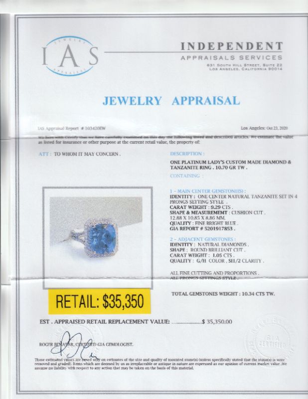 Photo 1 of 9.29ct Tanzanite and 1.05ctw Diamond Platinum Ring Size 7 (GIA CERTIFIED) with Appraisal RN028992