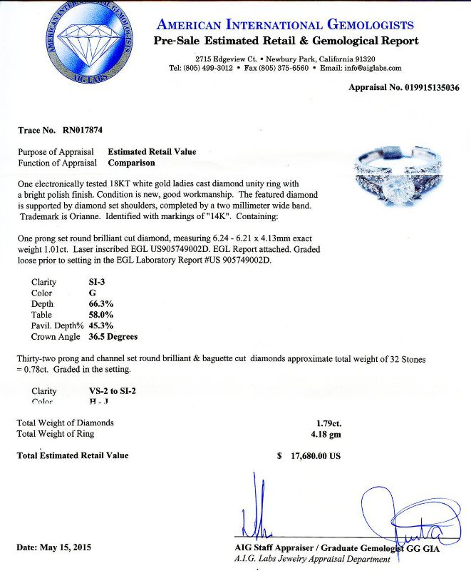 Photo 1 of 1.01ct SI3 CLARITY CENTER Diamond 18K White Gold Ring Size 7 (1.79ctw Diamonds) with Appraisal RN017874

