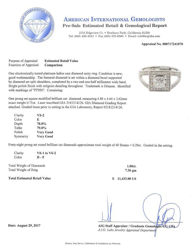 Photo 1 of 0.71ct VS2 CLARITY E COLOR CENTER Diamond Platinum Ring Size 7 (1.00ctw Diamonds) GIA CERTIFIED with Appraisal RN022594

