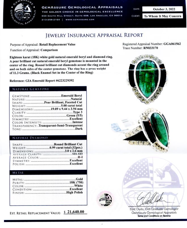 Photo 1 of 5.00ct Emerald and 0.99ctw Diamond 18K White Gold Ring Size 7 1/4 (GIA CERTIFIED) with Appraisal RN033170

