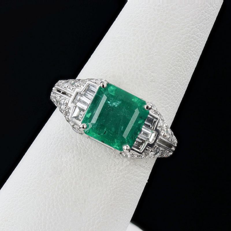Photo 1 of 2.68ct Emerald and 1.97ctw Diamond Platinum Ring Size 6 1/4 with Appraisal RN036761


