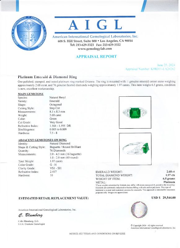Photo 1 of 2.68ct Emerald and 1.97ctw Diamond Platinum Ring Size 6 1/4 with Appraisal RN036761

