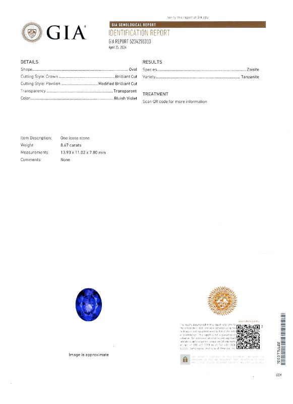Photo 1 of 8.67ct Tanzanite and 0.98ctw Diamond Platinum Ring Size 6 1/2 (GIA CERTIFIED) with Appraisal RN037010

