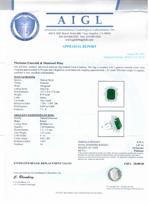 Photo 1 of 8.79ct Emerald and 1.47ctw Diamond Platinum Ring Size 7 1/4 with Appraisal RN034878

