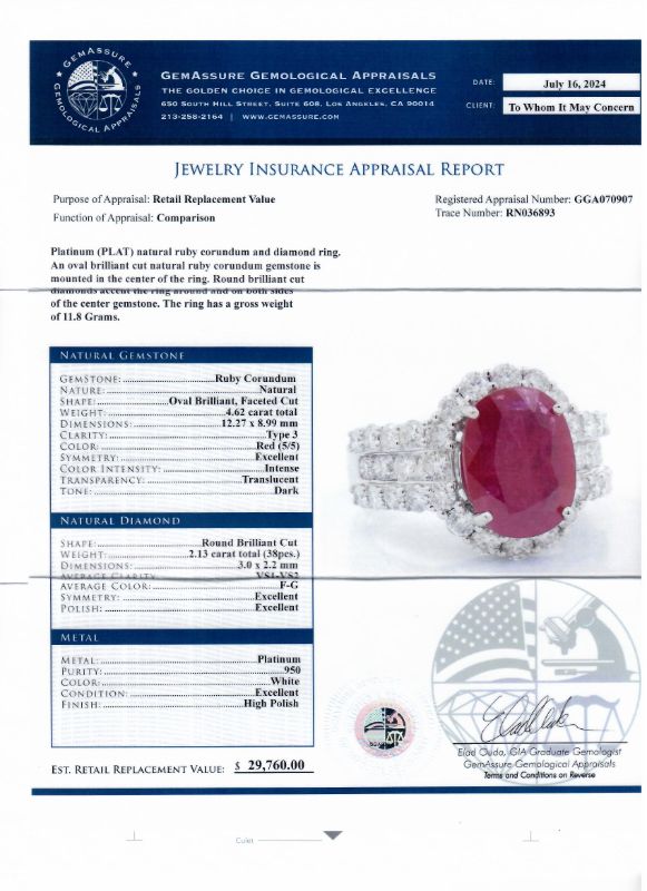 Photo 1 of 4.62ct Ruby and 2.13ctw Diamond Platinum Ring Size 7 with Appraisal RN036893

