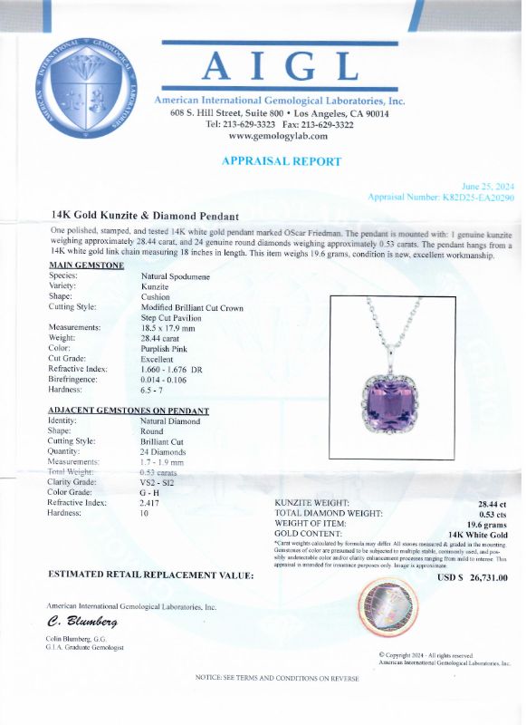 Photo 1 of 28.44ct Kunzite and 0.53ctw Diamond 14K White Gold Pendant NK015929

