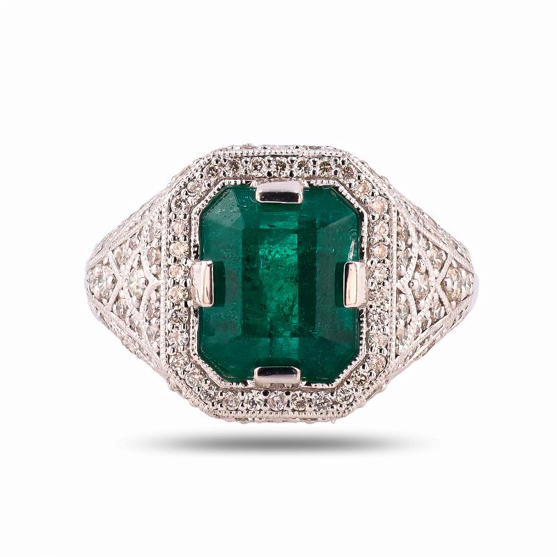 Photo 1 of 3.66ct Emerald and 0.80ctw Diamond Platinum Ring Size 6 3/4 with Appraisal RN034129
