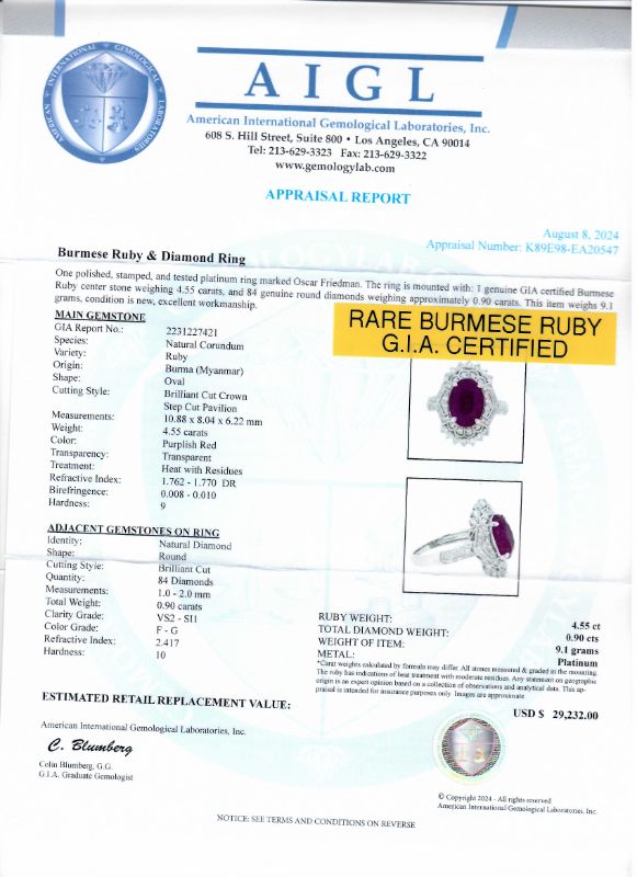 Photo 1 of 4.55ct BURMESE Ruby and 0.90ctw Diamond Platinum Ring Size 7 (GIA CERTIFIED) with Appraisal RN037050

