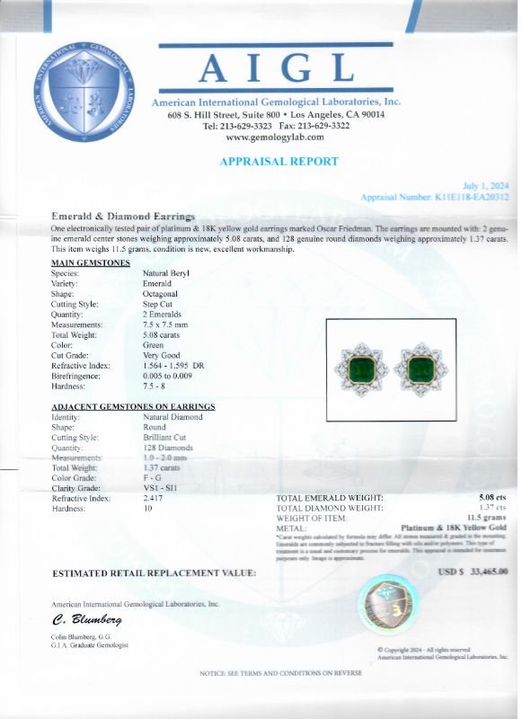 Photo 1 of 5.08ctw Emerald and 1.37ctw Diamond Platinum and 18K Yellow Gold Earrings with Appraisal ER007623

