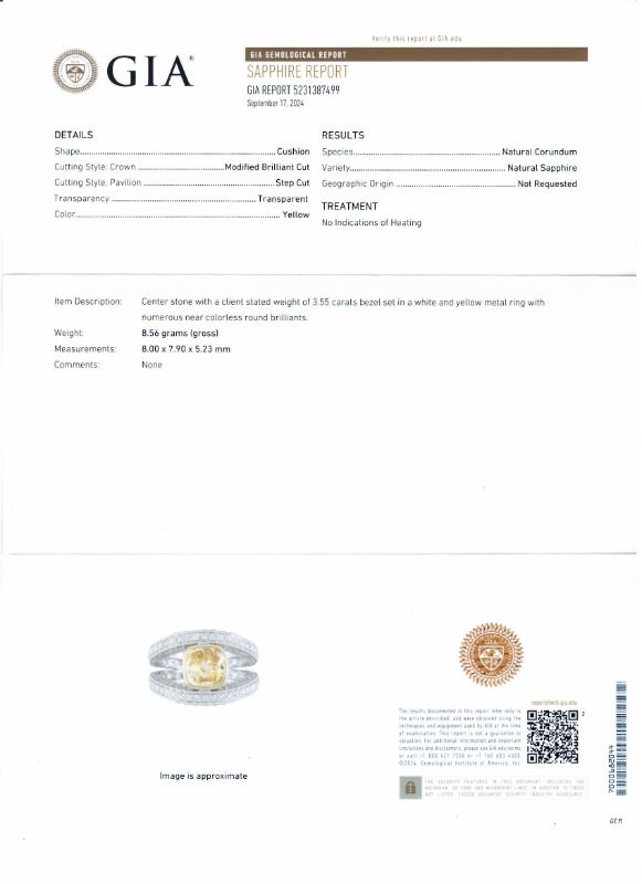 Photo 1 of 3.55ct UNHEATED Yellow Sapphire and 2.35ctw Diamond 18K White and Yellow Gold Ring size 7 (GIA CERTIFIED) with Appraisal RN037369

