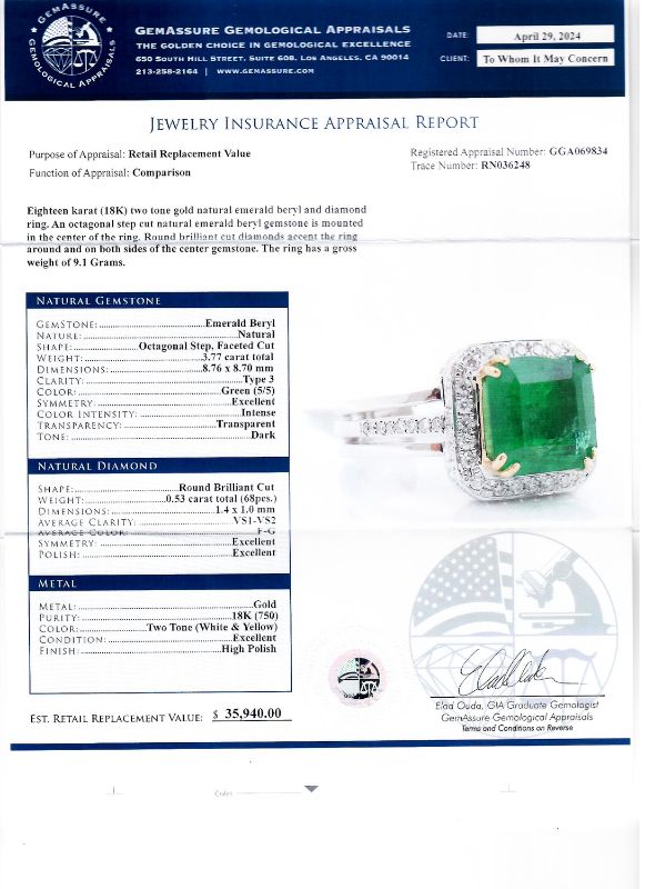 Photo 1 of 3.77ct Emerald and 0.53ctw Diamond 18K White and Yellow Gold Ring size 6 1/4 with Appraisal RN036248

