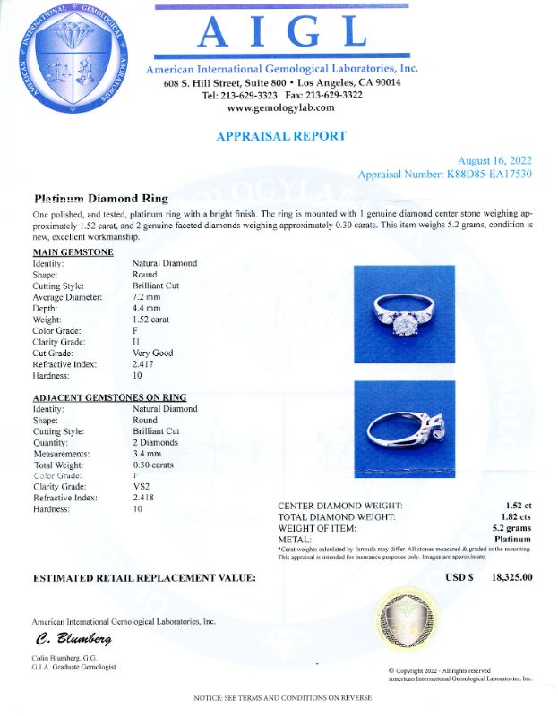 Photo 1 of 1.52ct F COLOR CENTER Diamond Platinum Ring Size 7 1/2 (1.82ctw Diamonds) with Appraisal RN032890

