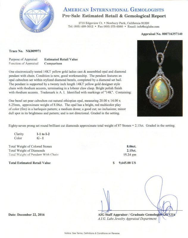 Photo 1 of 8.06ct Ethiopian Opal and 2.15ctw Diamond 14K Yellow Gold Necklace with Appraisal NK009971

