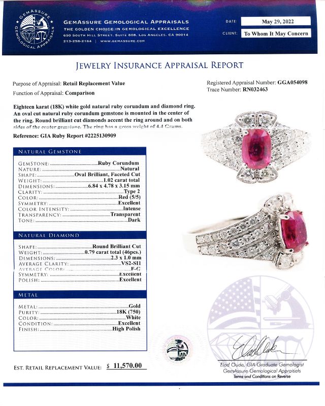 Photo 1 of 1.02ct UNHEATED Ruby and 0.79ctw Diamond 18K White Gold Ring Size 6 3/4 (GIA CERTIFIED) with Appraisal RN032463