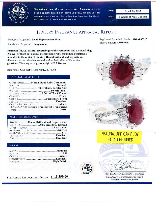 Photo 1 of 2.90ct AFRICAN Ruby and 0.86ctw Diamond Platinum Ring Size 7  (GIA CERTIFIED) with Appraisal RN034099


