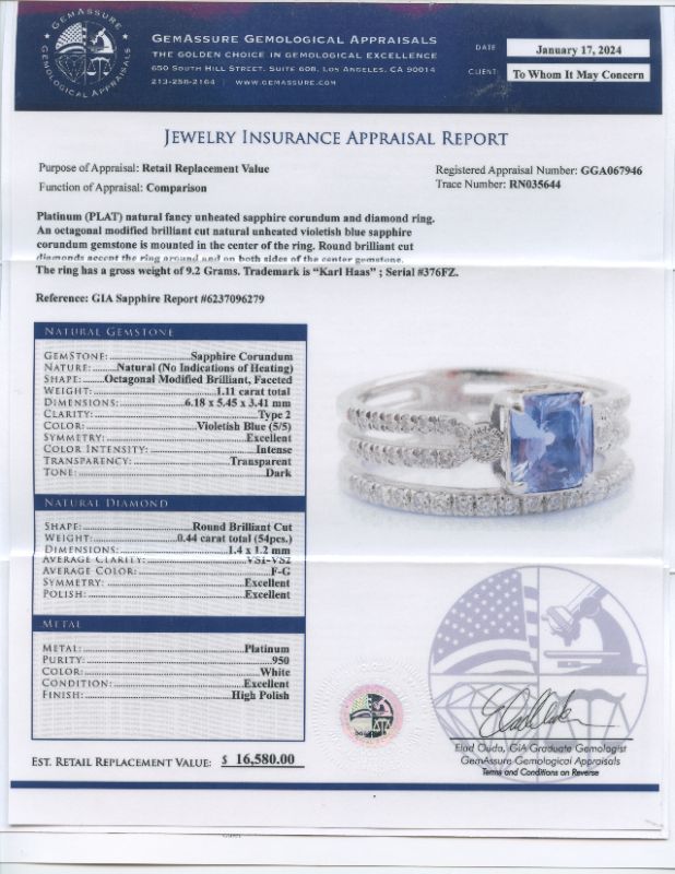 Photo 1 of 1.11ct UNHEATED Blue Sapphire and 0.44ctw Diamond Platinum Ring Size 6 1/2 (GIA CERTIFIED) with Appraisal RN035644

