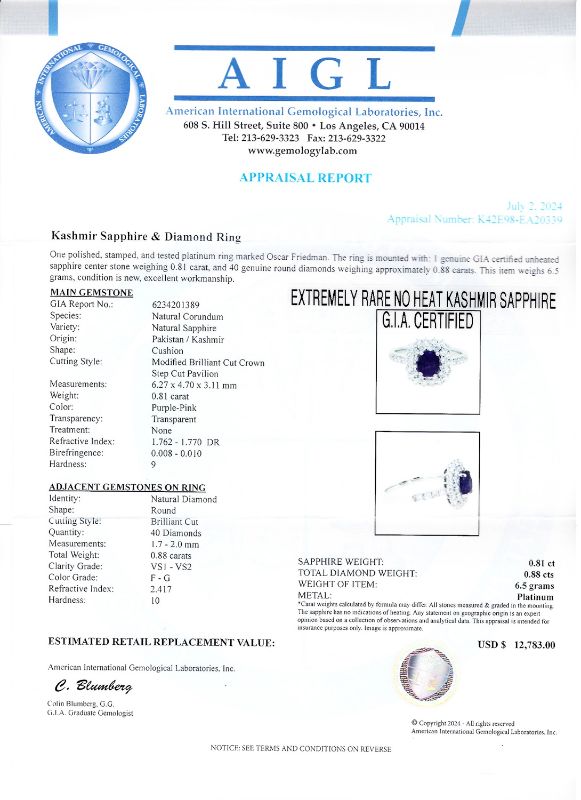 Photo 1 of 0.81ct UNHEATED Purple Pink KASHMIR Sapphire and 0.88ctw Diamond Platinum Ring size 6 3/4 (GIA CERTIFIED) with Appraisal