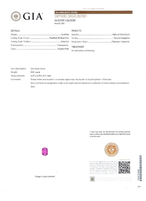 Photo 1 of 0.81ct UNHEATED Purple Pink KASHMIR Sapphire and 0.88ctw Diamond Platinum Ring size 6 3/4 (GIA CERTIFIED) with Appraisal