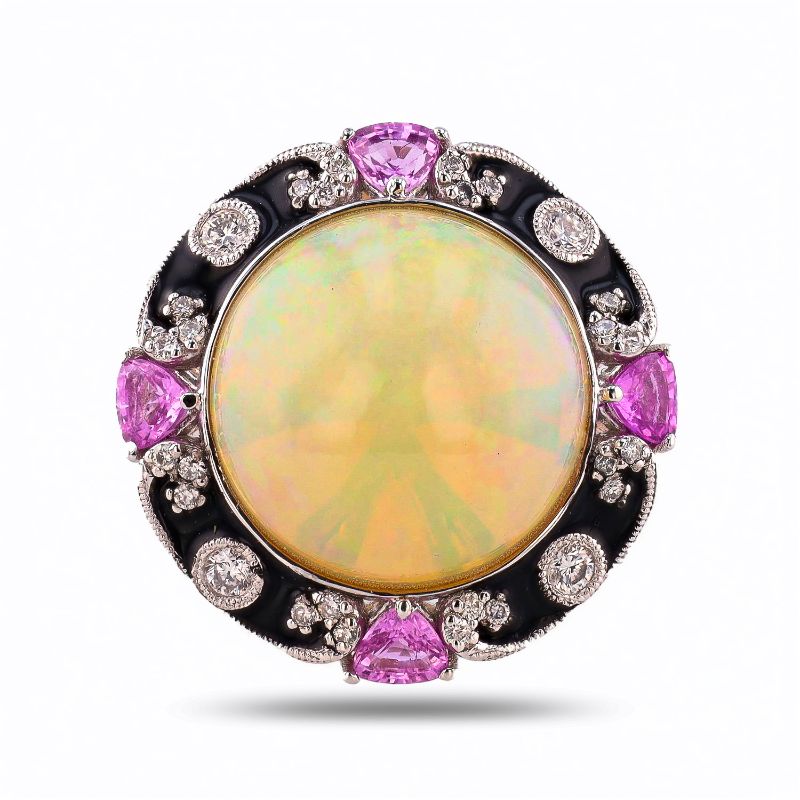 Photo 1 of 8.49ct Opal, 0.92ctw Pink Sapphire and 0.27ctw Diamond Platinum Ring Size 7 1/4 with Appraisal RN036567

