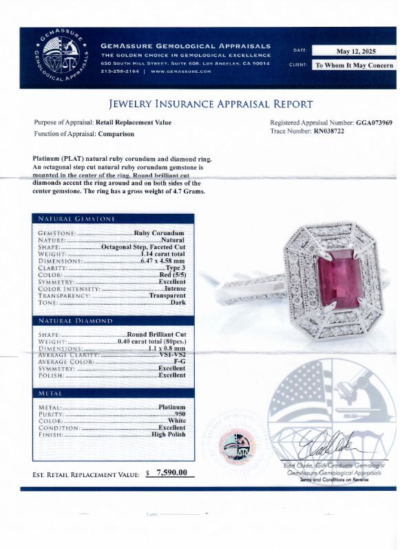 Photo 1 of 1.14ct Ruby and 0.40ctw Diamond Platinum Ring size 7 with Appraisal RN038722