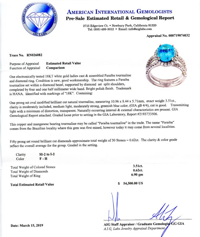 Photo 1 of 3.51ct Paraiba Tourmaline and 0.62ctw Diamond 18K White Gold Ring (GIA CERTIFIED) Size 7 with Appraisal RN026082
