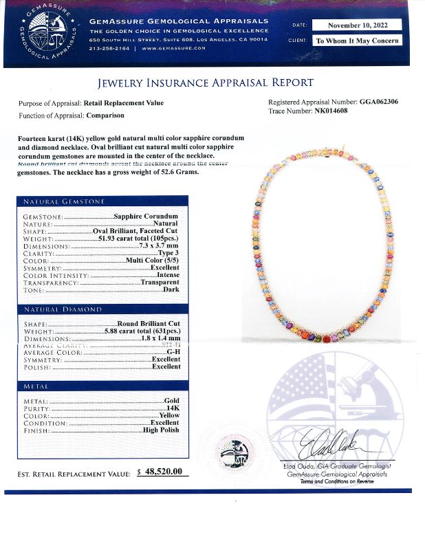 Photo 1 of 51.93ctw Multi-Color Sapphire and 5.88ctw Diamond 14K Yellow Gold Necklace with Appraisal NK014608


