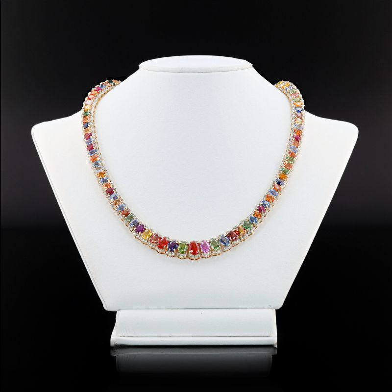 Photo 1 of 51.93ctw Multi-Color Sapphire and 5.88ctw Diamond 14K Yellow Gold Necklace with Appraisal NK014608