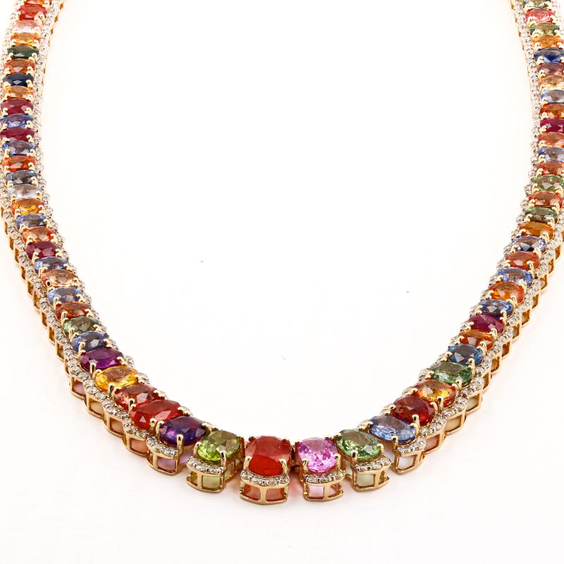 Photo 1 of 51.93ctw Multi-Color Sapphire and 5.88ctw Diamond 14K Yellow Gold Necklace with Appraisal NK014608

