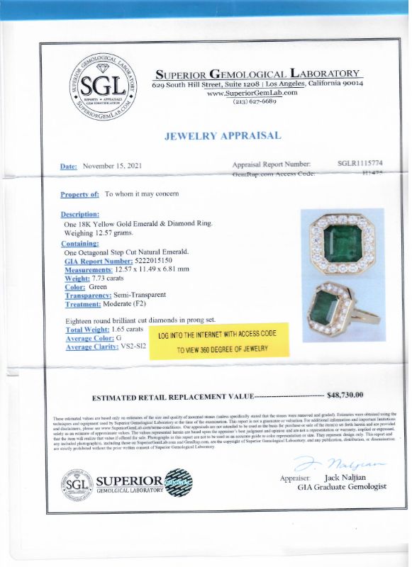 Photo 1 of 7.73ct Emerald and 1.65ctw Diamond 18K Yellow Gold Ring Size 6 1/2 (GIA CERTIFIED) with Appraisal RN031118

