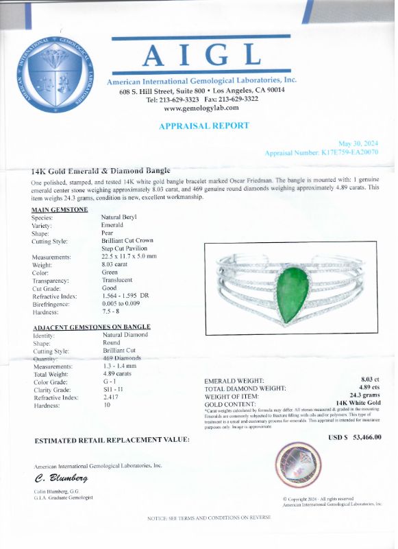 Photo 1 of 8.03ct Emerald and 4.89ctw Diamond 14K White Gold Bangle with Appraisal BG001401

