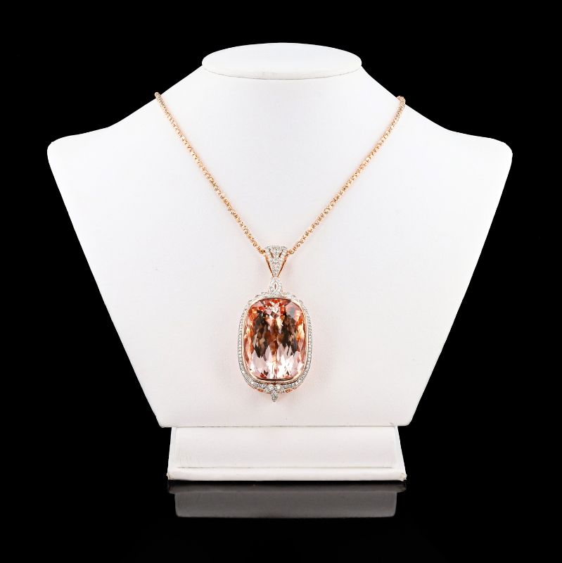 Photo 1 of 82.69ct Morganite and 1.46ctw Diamond 14K Rose and White Gold Pendant with Appraisal NK015978