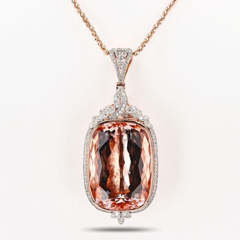 Photo 1 of 82.69ct Morganite and 1.46ctw Diamond 14K Rose and White Gold Pendant with Appraisal NK015978

