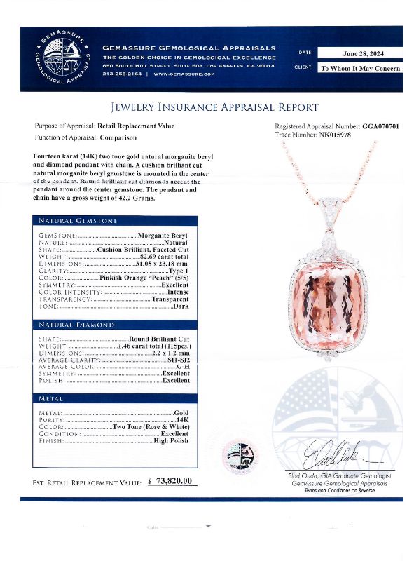 Photo 1 of 82.69ct Morganite and 1.46ctw Diamond 14K Rose and White Gold Pendant with Appraisal NK015978

