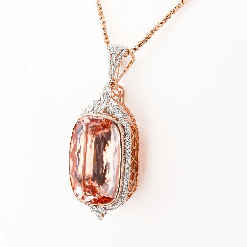 Photo 1 of 82.69ct Morganite and 1.46ctw Diamond 14K Rose and White Gold Pendant with Appraisal NK015978

