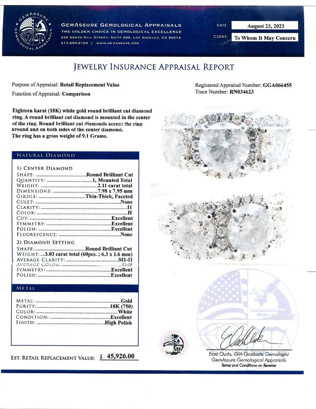 Photo 1 of 2.11ct CENTER Diamond 18K White Gold Ring size 7 (5.14ctw Diamonds) with Appraisal RN034623

