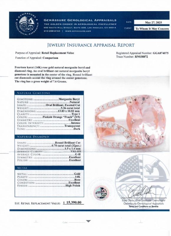 Photo 1 of 5.36ct Morganite and 0.78ctw Diamond 14K Rose Gold Ring Size 7 with Appraisal
RN038872